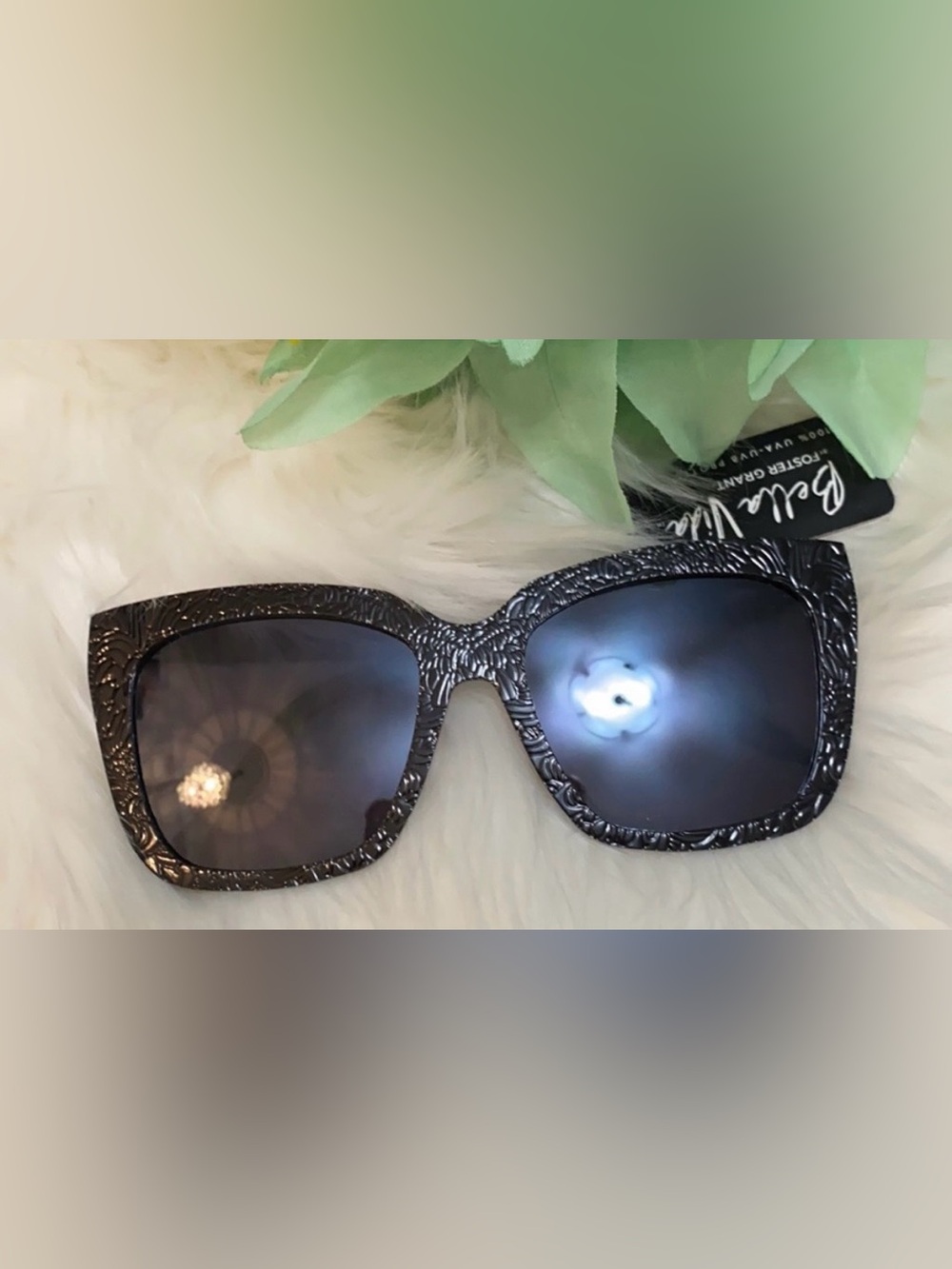 Metal Textured Square Framed Black Sunglasses By Bella Vita NEW! - Picture 3 of 5